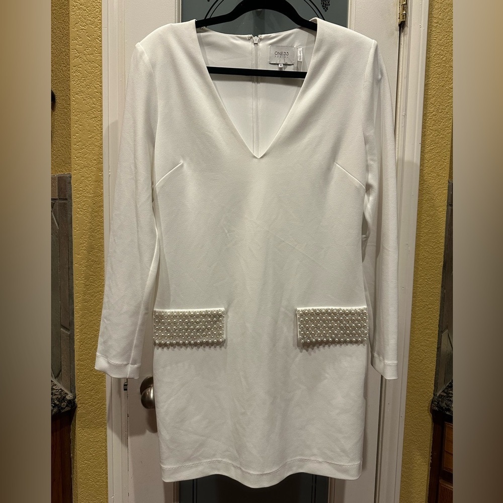 One33 Social white Long Sleeve Dress with Pearl Details size 8